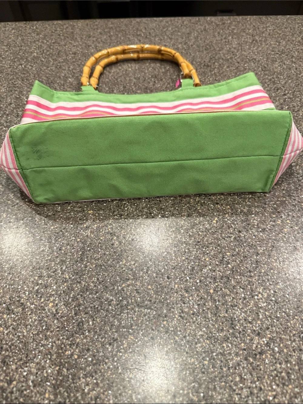Striped Pink and Green Ribbon Clutch Bag with Bamboo Handles